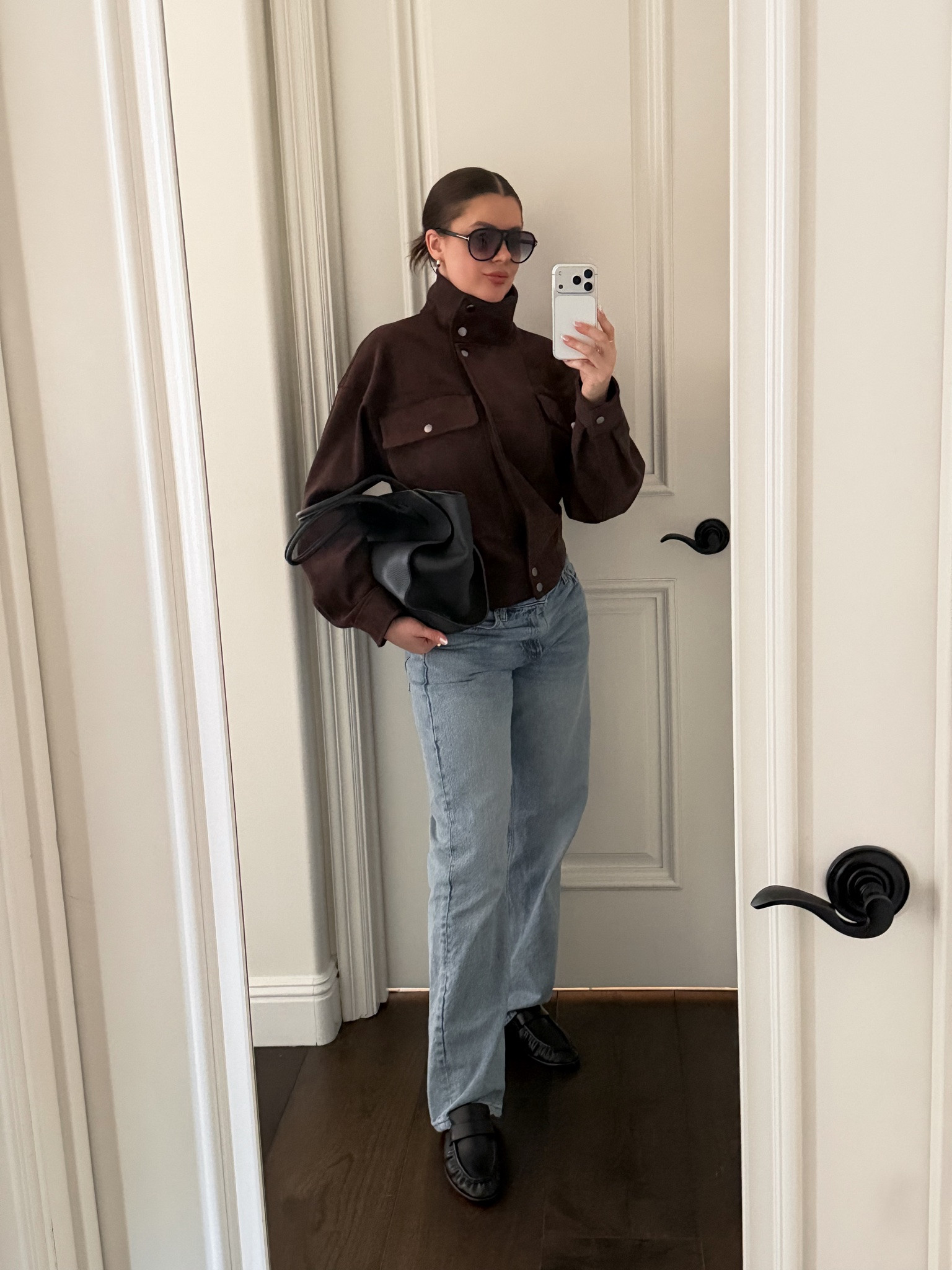 Styling a chocolate brown suede jackets with straight leg jeans, black leather loafers, black leather tote and aviator sunnies. Great casual outfit for work or daily errands in the fall. 
#suedejacket #chocolatebrown #falloutfit #jacket

#LTKootd #LTKgrwm #LTKWorkwear #LTKOver40 #LTKSeasonal #LTKdayinmylife