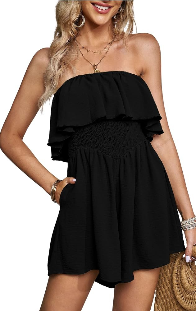 ECOWISH Women Off Shoulder Romper Strapless Floral Print Striped Beach Shorts Jumpsuit | Amazon (US)