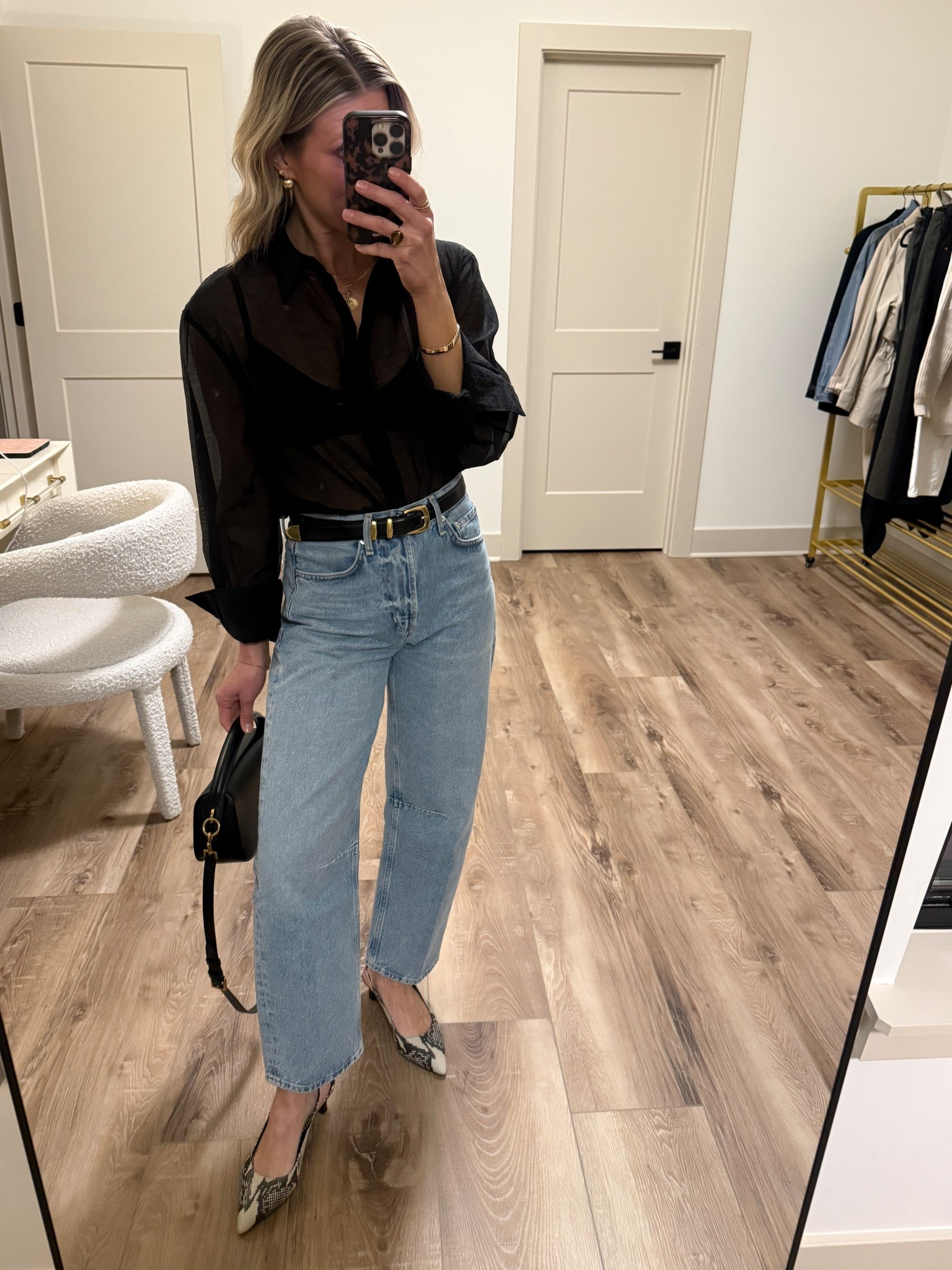 Wearing small blouse (linked similar), 24 jeans (run big), small belt, heels tts 