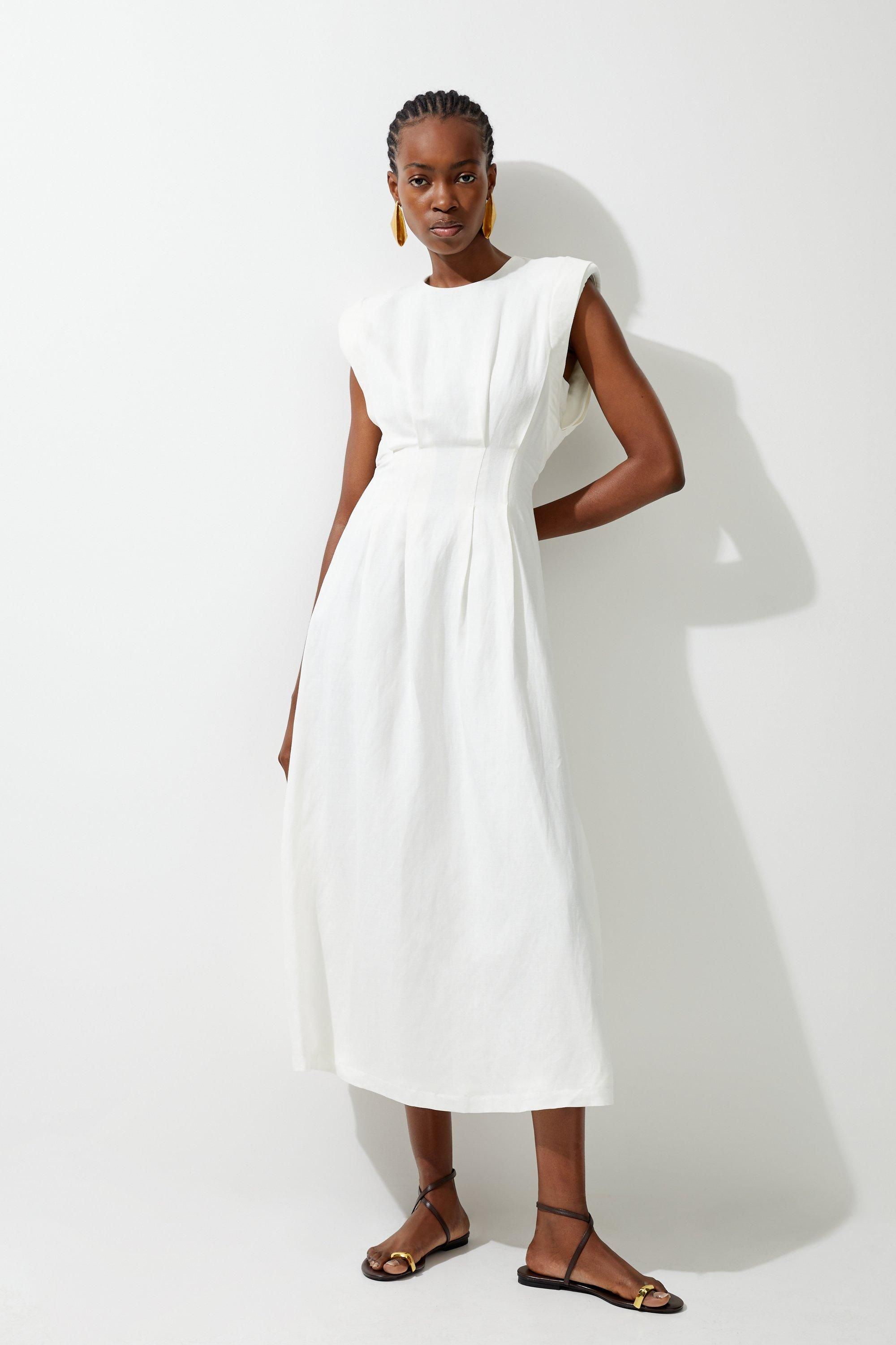 Viscose Linen Woven Pintuck Midi Dress | Karen Millen UK + IE + DE + NL