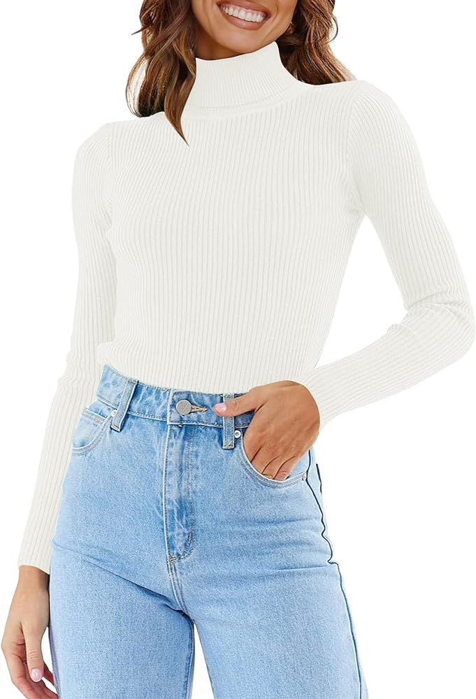 ZESICA Women's 2023 Turtleneck Long Sleeve Knit Shirts Fall Basic Tops Slim Fitted Ribbed Sweater | Amazon (US)