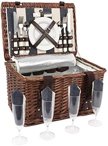 HappyPicnic Willow Picnic Basket Set for 4 Persons, Wicker Picnic Hamper with Insulated Cooler an... | Amazon (US)
