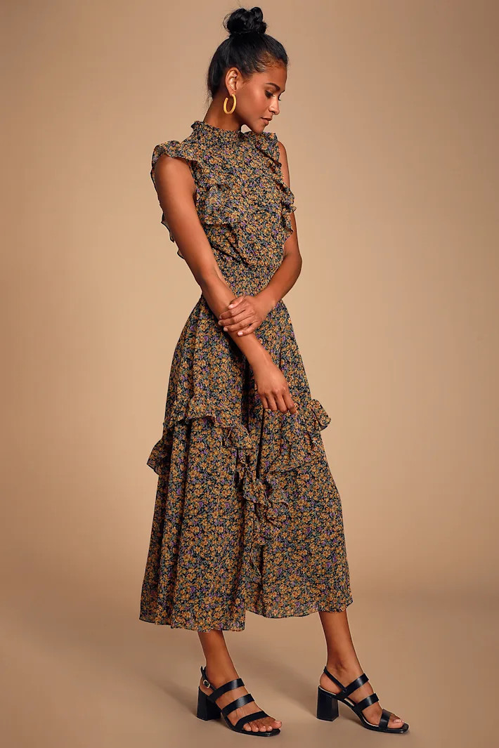 Evalina Mustard Yellow Floral Print Mock Neck Midi Dress | Lulus (US)