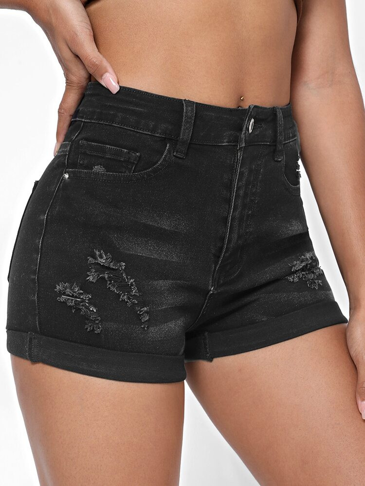 Ripped Roll Up Leg Denim Shorts | SHEIN