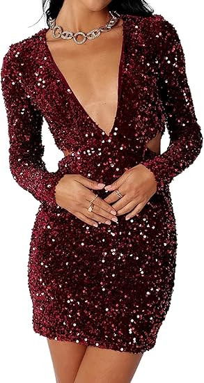 R.Vivimos Womens Glitter Sequin Party Dresses Fall Winter Long Sleeve Sexy Deep V Neck Cut Out Sp... | Amazon (US)