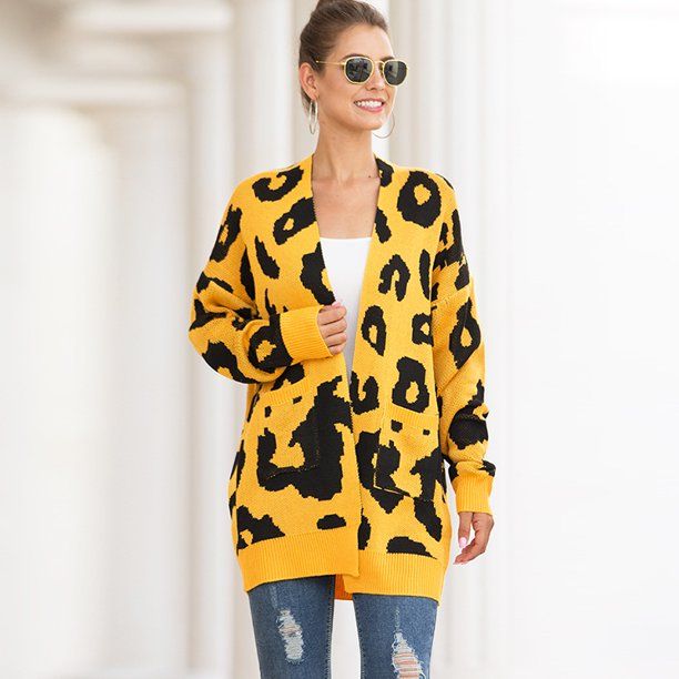 Women's sweater mid-length double pocket leopard print cardigan OLRIK 219218 - Walmart.com | Walmart (US)