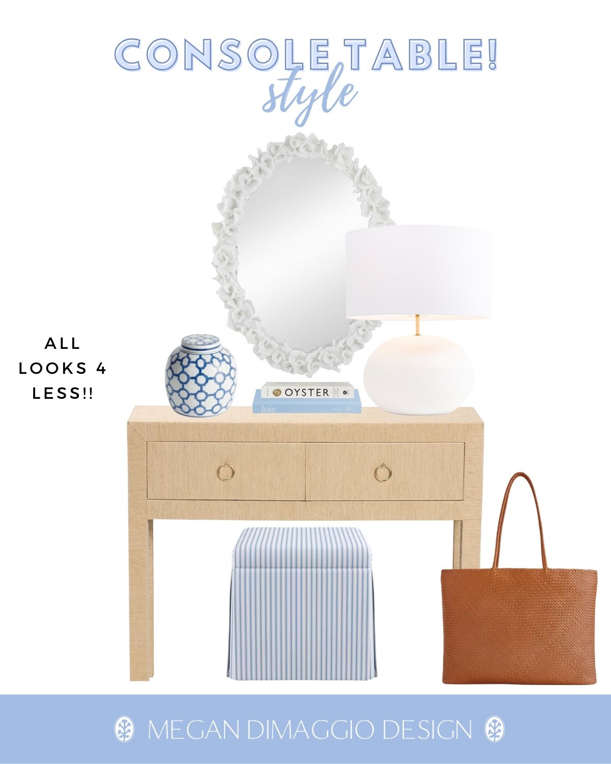 Coastal Console table styling look for less!! With new Serena & Lily inspired Driftway console dupe that’s a narrower and way more affordable version!! Also this pinstripe skirted ottoman is another look 4 less that has storage 🙌🏻 and is currently on sale!! Plus this coral mirror is back in stock and I LOVE this oversized white table lamp! Leather tote is also an amazing look for less and comes in tons of colors!

#LTKHome #LTKSaleAlert
