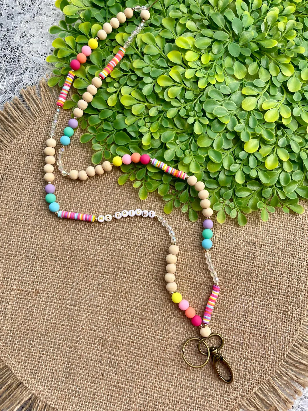Personalized Wood Bead Teacher Lanyard: Rainbow Accent, Breakaway Clasp | Etsy (US)