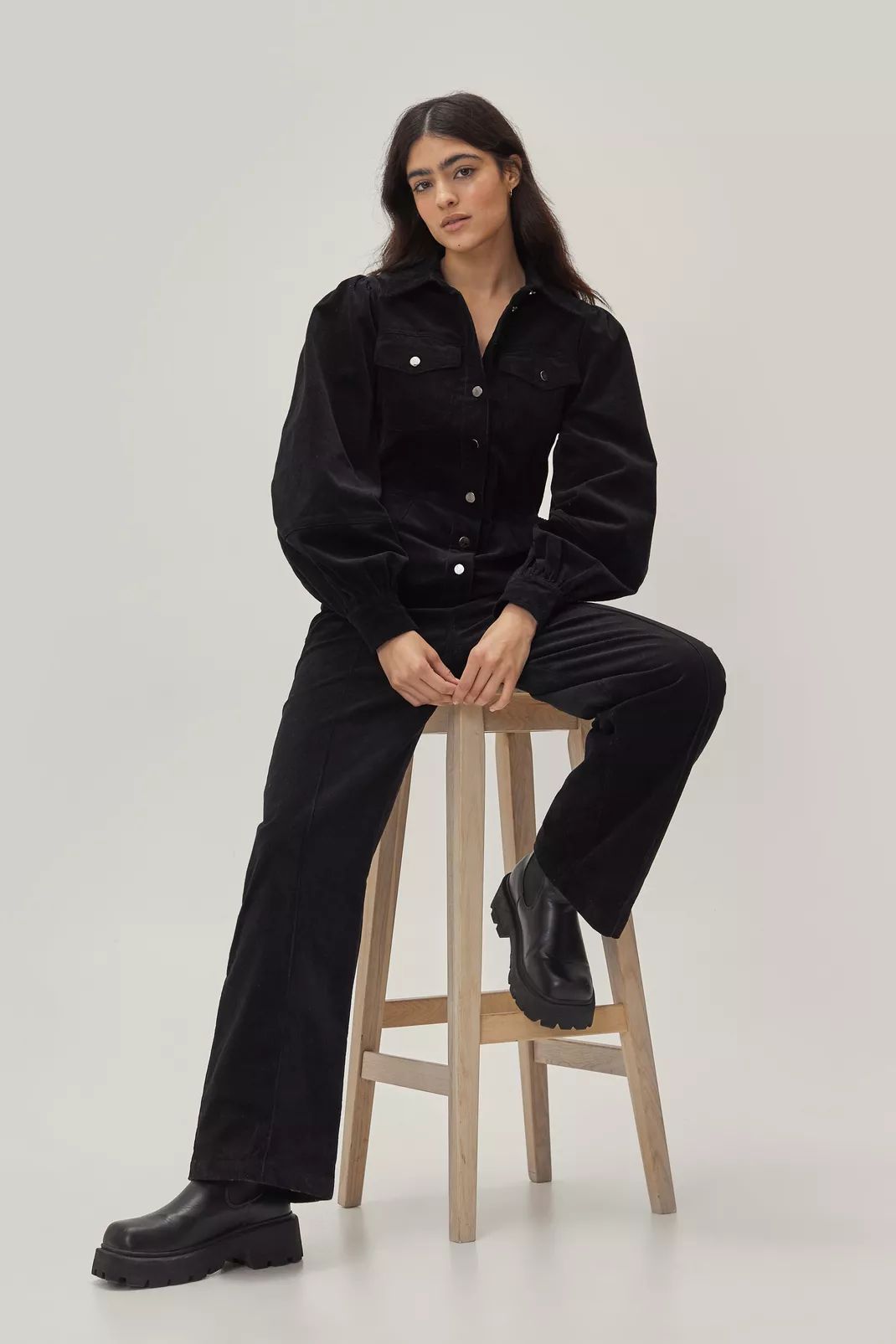 Corduroy Puff Sleeve Button Front Boilersuit | Nasty Gal (US)