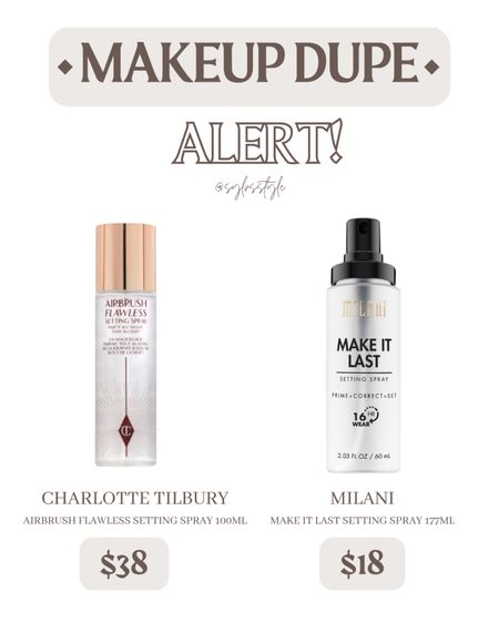 Dupe for the Charlotte Tilbury Airbrush Flawless Setting Spray with the affordable Milani Make It Last Setting Spray. #charlottetilbury #makeupdupe #beautydupe #drugstoredupe #beautymusthave #affordablemakeup #luxurybeauty #viralmakeup #trendymakeup #makeupmusthave #highlighter #airbrushflawless #settingspray #savevssplurge #travel #milani #beltbag #spring #springmakeup #festival #festivalmakeup 

#LTKbeauty #LTKSeasonal #LTKunder50