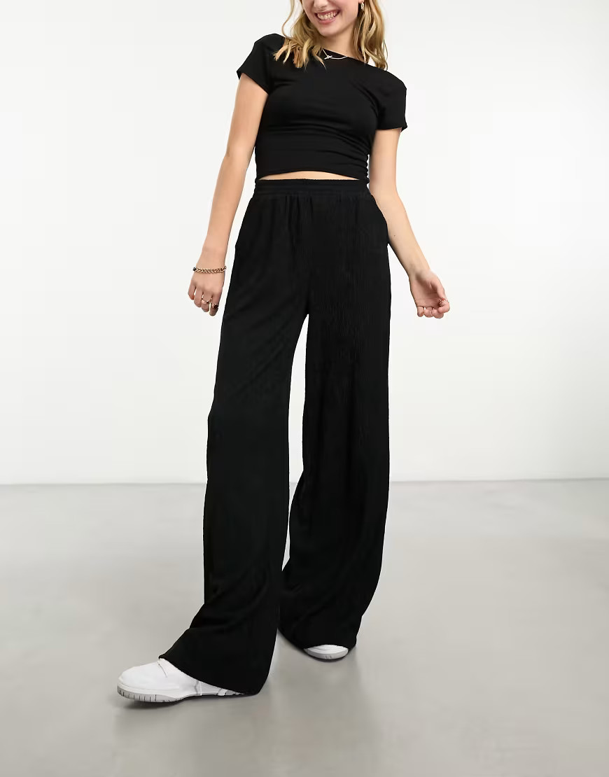 ASOS DESIGN textured pull on wide leg trouser in black | ASOS (Global)