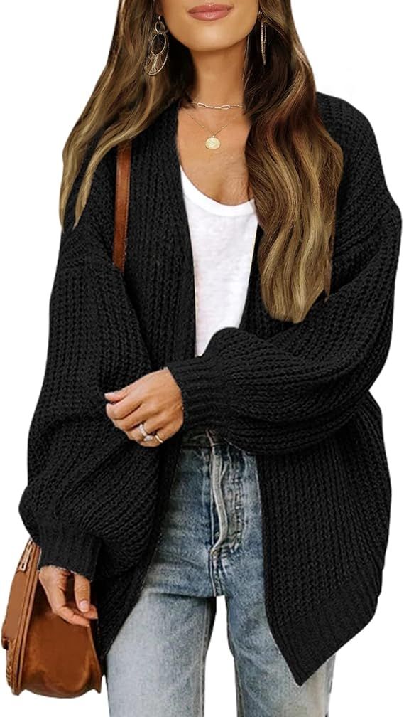 MEROKEETY Women's Open Front Long Lantern Sleeve Cardigan Oversized Chunky Outwear with Pocket | Amazon (US)