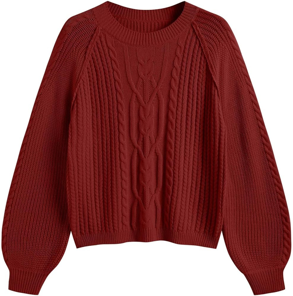 ZAFUL Women's Cable Knit Sweaters 2025 Crewneck Long Lantern Sleeve Pullover Ribbed Knitted Tops | Amazon (US)