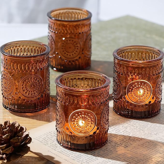 Amber Votive Candle Holder Set of 12, Glass Tea Lights Candle Holders for Home Table Centerpiece,... | Amazon (US)