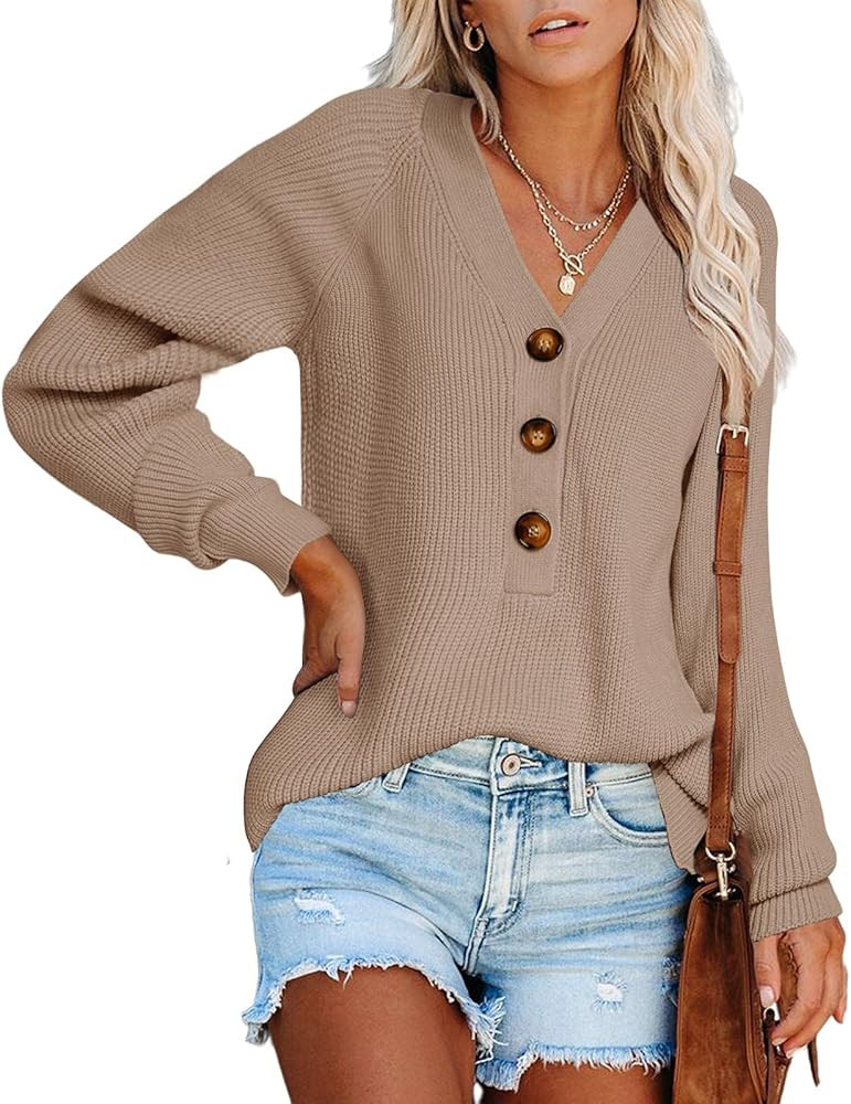 Carryvicty Womens Button Down Knitted Pullover Henley V Neck Sweaters Fall Long Sleeves Sweater | Amazon (US)