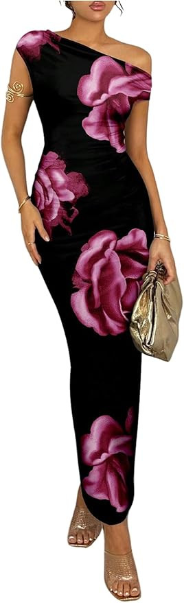 Milumia Women's Floral Print Bodyon Ruched Asymmetrical Neck Short Sleeve Long Maxi Dresses | Amazon (US)
