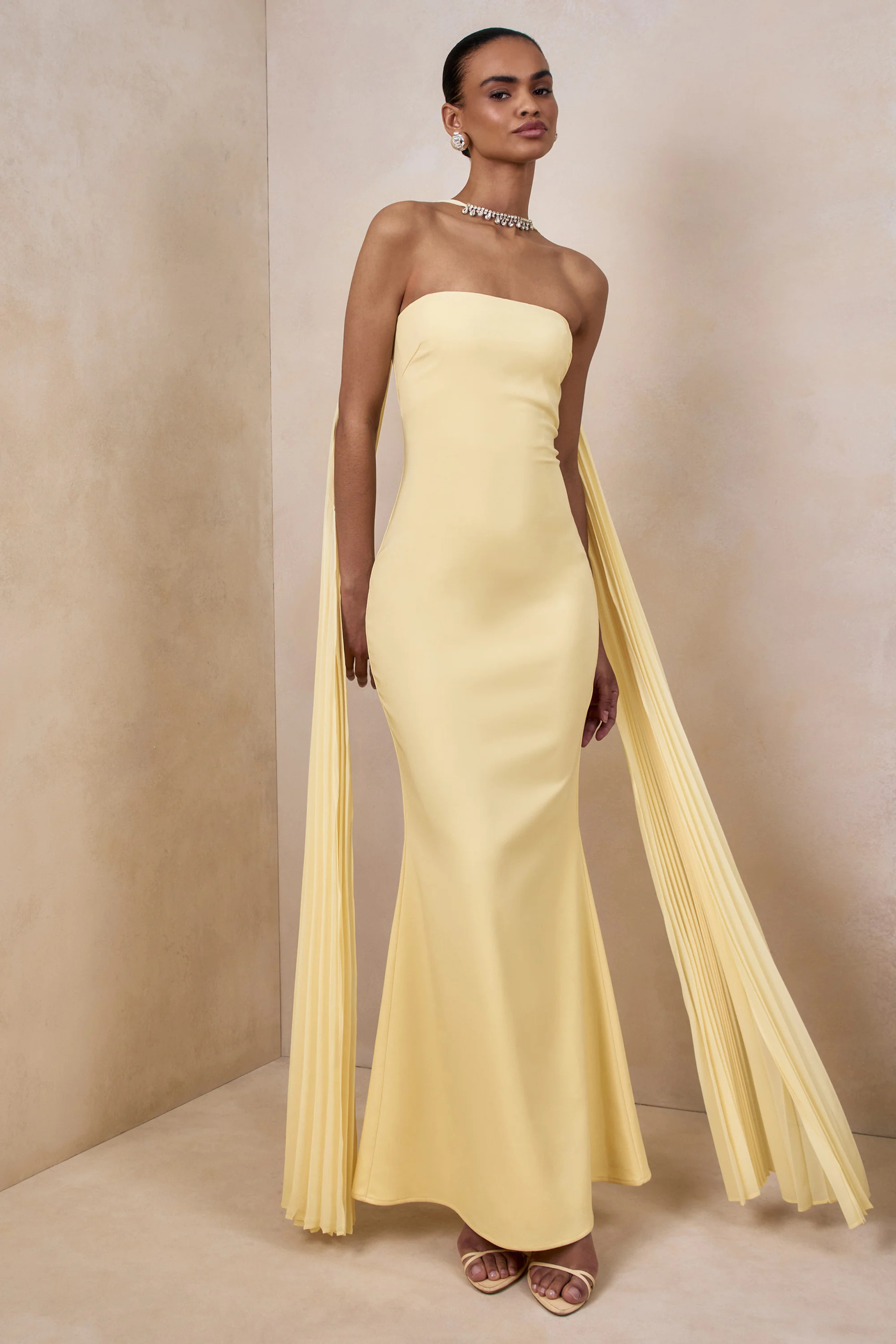 Avery | Lemon Bandeau Maxi Dress With Embellished Scarf | Club L London