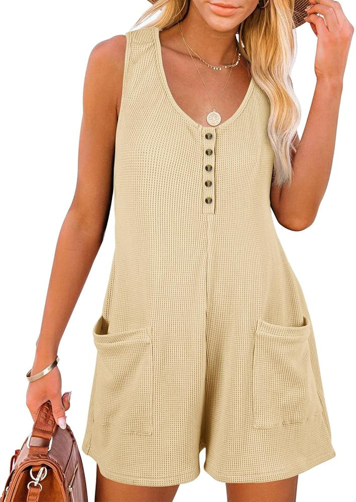 Caramitty Rompers for Women Sleeveless Jumpsuits for Women Button Down Waffle Fabric Summer Vacation | Amazon (US)