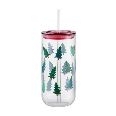 Holiday Time Glass 20oz Can Sipper Christmas Trees with Lid | Walmart (US)
