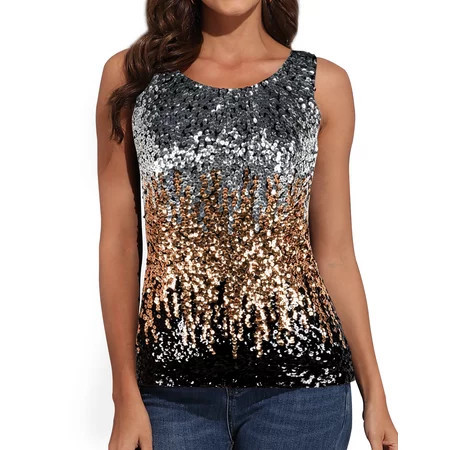 PrettyGuide Women Shimmer Glam Sequin Embellished Sparkle Tank Top Vest Tops Silver/Gold/Black XX-Large | Walmart (US)