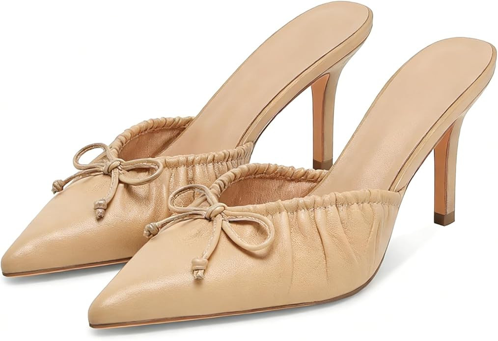 Kitten Heels for Women Bow Pointed Toe Heel Dressy Slip on Mules Trendy Sexy Stiletto Pumps Shoes | Amazon (US)
