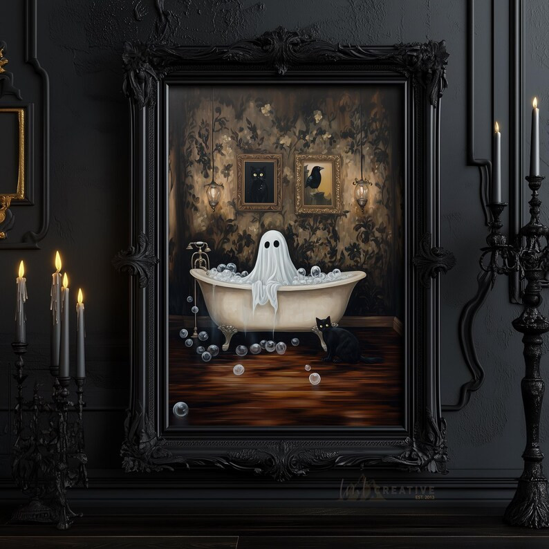 Vintage Ghost in Bathtub Halloween Art Print | Spooky Black Cat and Ghost Decor | Printed Wall Ar... | Etsy (US)
