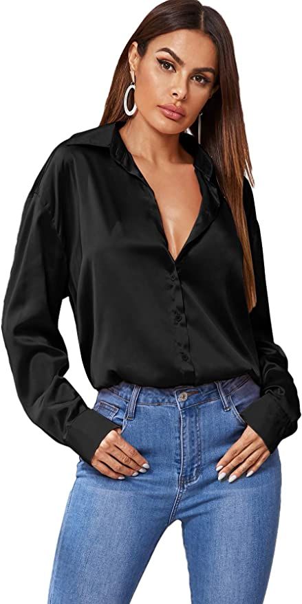 SOLY HUX Women's Satin Silk Long Sleeve Button Down Shirt Formal Work Blouse Top | Amazon (US)