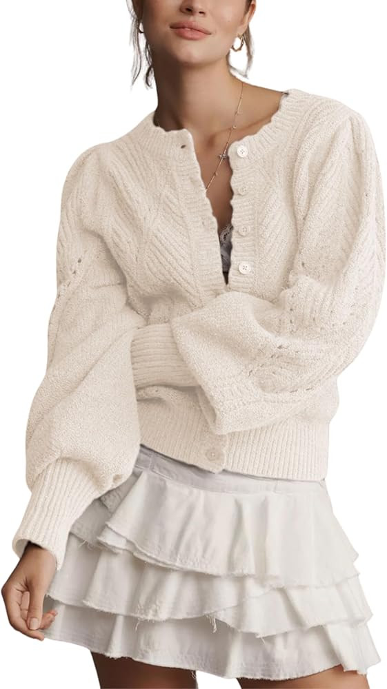 Women Pointelle Knit Lightweight Cardigan Puff Sleeve Scalloped Trim Button Down Open Front Cropp... | Amazon (US)