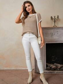 Women's Contrast Binding Casual Colorblock Splice Batwing Sleeve Knit Top Cap Sleeve Knit Sweater... | SHEIN