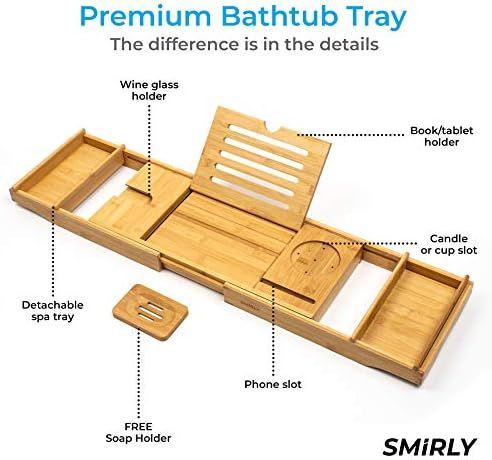 SMIRLY Bamboo Bathtub Tray Expandable: Bamboo Bath Tray for Tub with Book Stand, Bamboo Bathtub Cadd | Amazon (US)