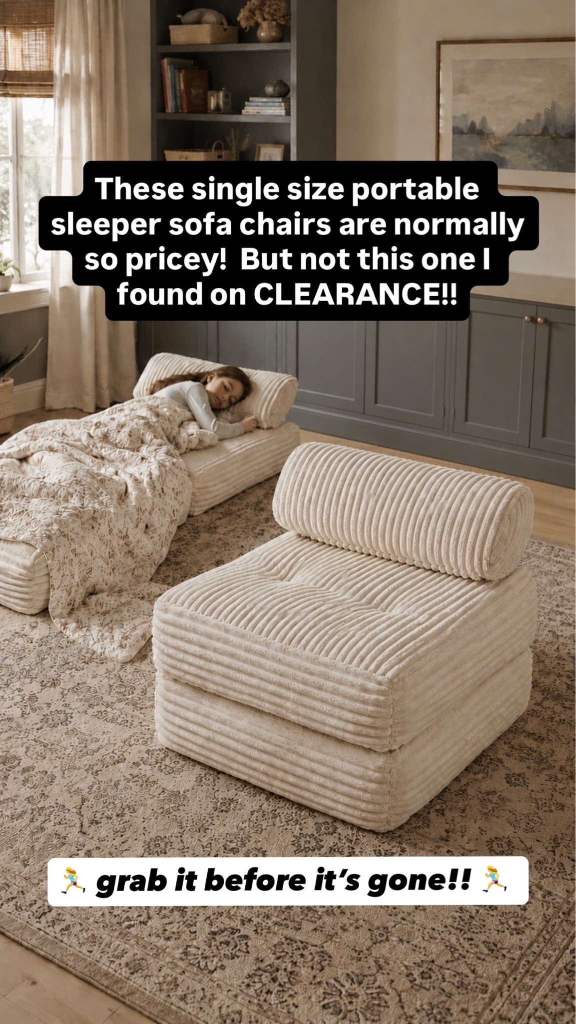 These portable sleeper sofa chairs are SUCH a smart find for sleepovers, playrooms, guest rooms, movie nights, and cozy reading corners 👏🏻🤍 I love that they fold up into a chair during the day and easily convert into a comfy floor sleeper mattress at night ✨

And can we talk about the neutral ribbed fabric?! It looks so much more high-end than the price 😍 If you’ve been searching for an affordable floor sofa chair or portable guest bed, this one is such a good find — especially on clearance!

Linking this sleeper chair plus more cozy home finds in my LTK 🤎

#LTKHome #AmazonHomeFinds #PlayroomIdeas #GuestRoomIdeas #SleepoverEssentials #CozyHome #NeutralHomeDecor #FamilyRoomIdeas #AffordableHomeFinds #walmartfind

#LTKSaleAlert #LTKHome #LTKKids