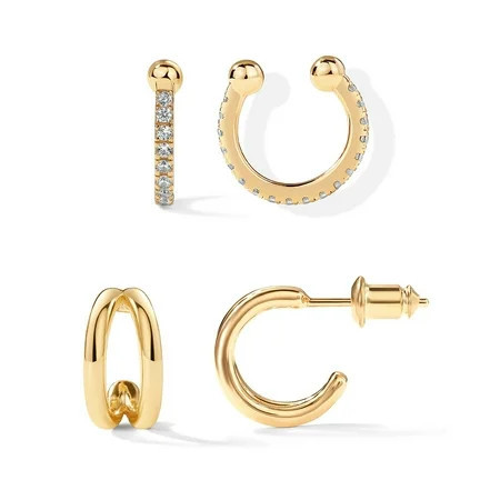 PAVOI 14K Yellow Gold Flash Plated Sterling Silver Sparkling Round Huggie Ear Cuff Earrings & Split Hoop Huggies Set | Walmart (US)