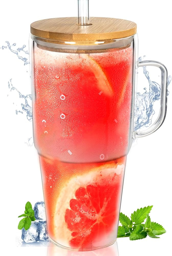 ANOTION Glass Cups with Lids and Straws - 40 Oz Tumbler with Handle and Straw Glass Water Bottles... | Amazon (US)