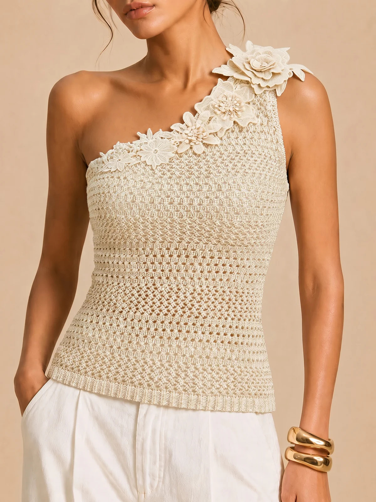 One Shoulder 3D Flower Crochet Top | Commense