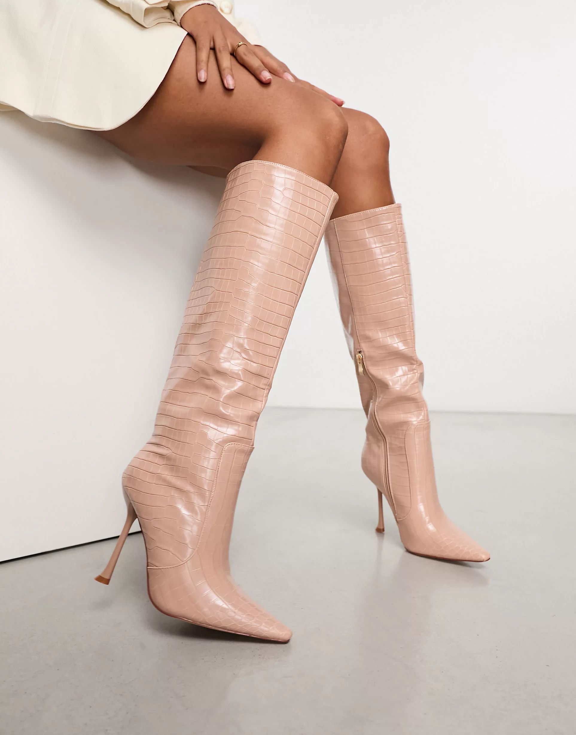 Simmi London Mariam stiletto heel knee boots in beige croc | ASOS (Global)