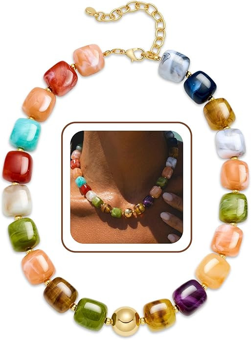 Summer Beach Jewelry Chunky Beaded Necklace for Women Trendy Statement Big Colorful Resin Bead Ch... | Amazon (US)