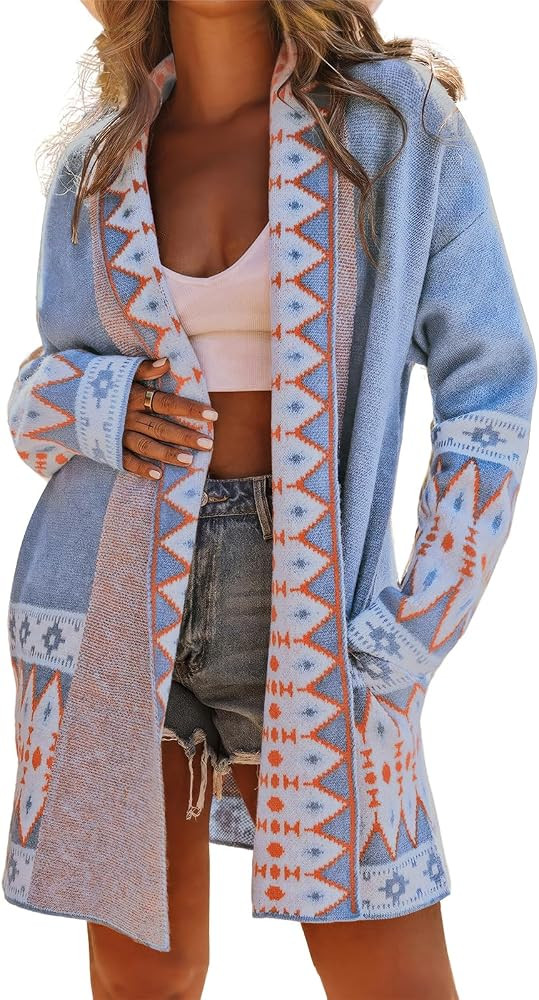 ebossy Women's Fashion Aztec Print Jacquard Knit Open Front Cardigan Lapel Long Sleeve Boho Graph... | Amazon (US)