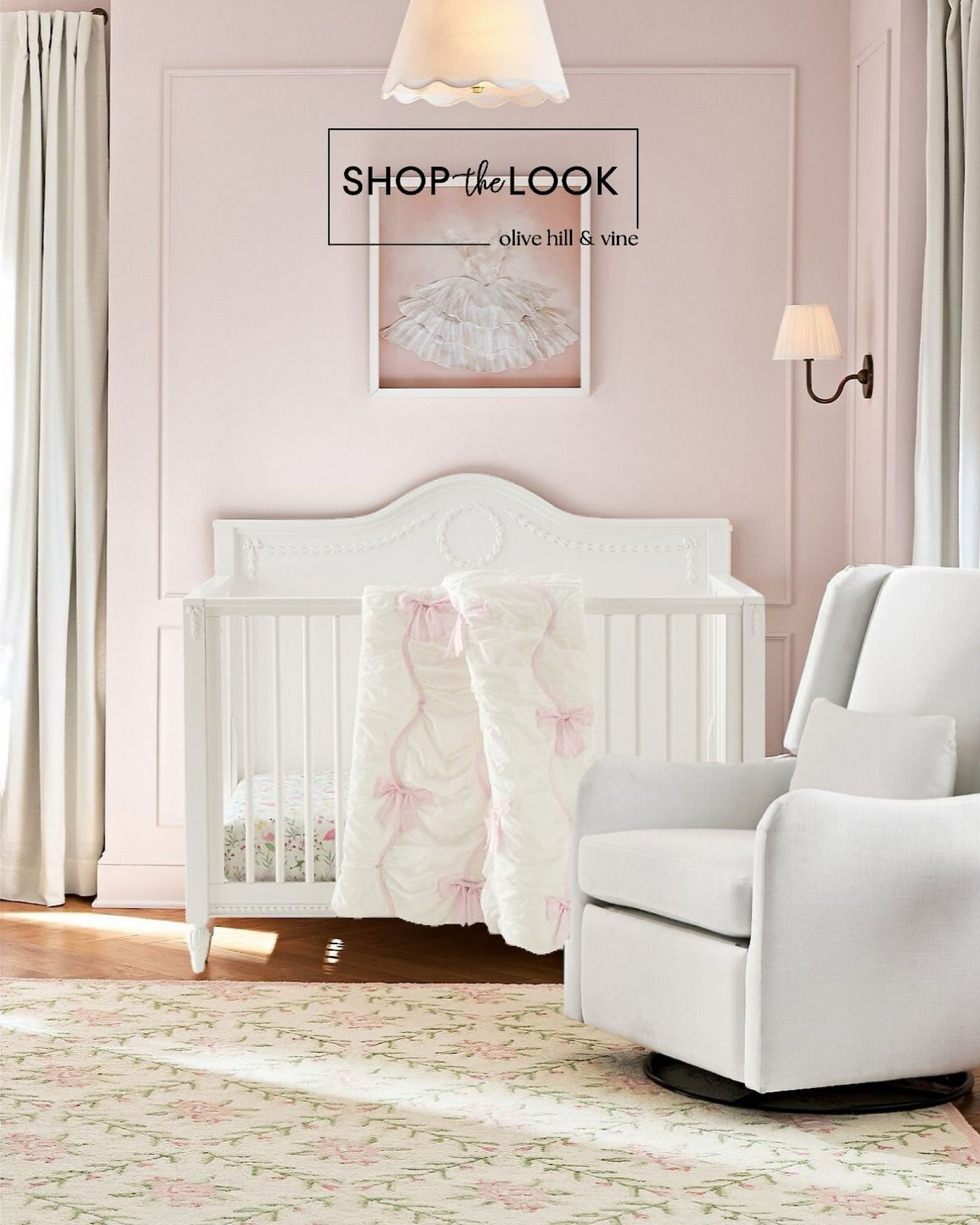 This dreamy nursery is all about soft hues and delicate details. A convertible crib with floral garlands and elegant moldings pairs beautifully with a matching dresser. Finish the space with a curved-arm glider, pink stripe bow quilt, trellis rug, and framed couture-inspired art.

#LTKHome #LTKBump #LTKBaby