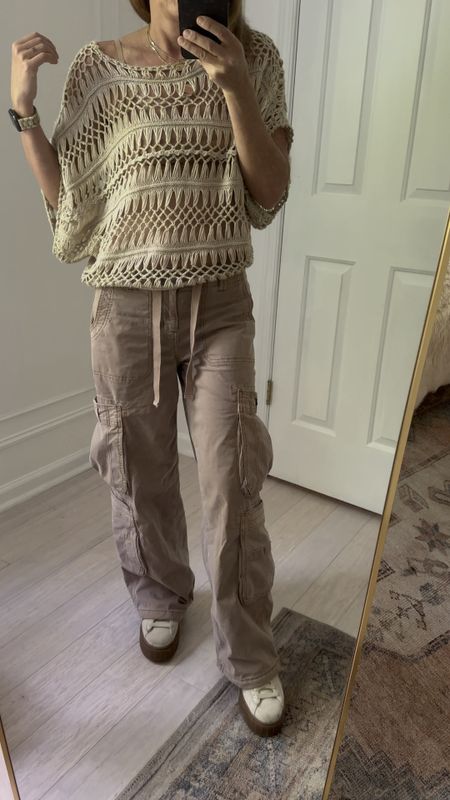 Favorite stretchy cargo pants, puma sneakers, and crochet knit top

#LTKOver40 #LTKVideo #LTKStyleTip