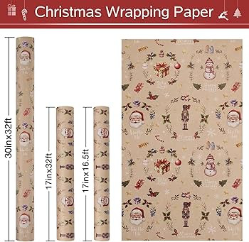 RayofSun Kraft Christmas Wrapping Paper Jumbo Roll 30 in x 32 ft,Christmas Santa Claus, Snowmen, ... | Amazon (US)