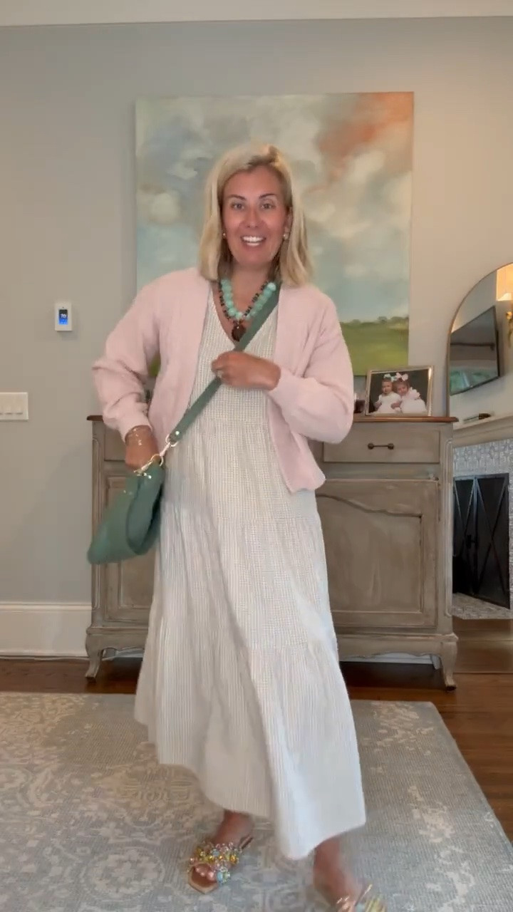Oh wow I love this dress! It’s the perfect throw on and go dress. I’m in xs dress & cardigan and 7 bling sandal (size 1 down).

#LTKootd #LTKmomlife #LTKOver40