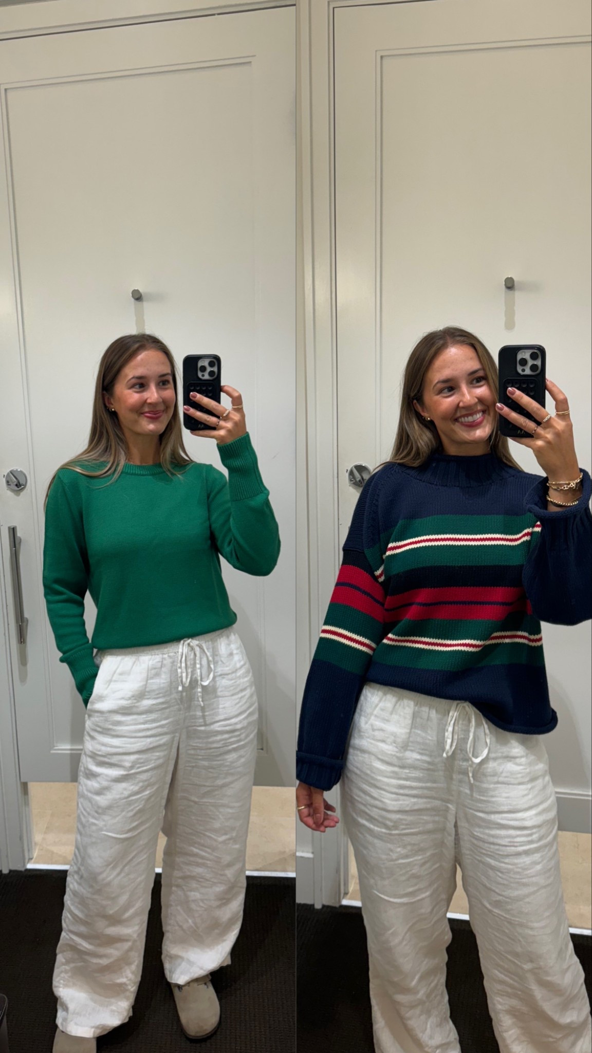 new fall sweaters! jcrew 100% cotton striped sweater is a size S. banana republic 80% cotton 20% silk sweater is a size L. pants are from Jcrew 100% cotton double lined not see thru in size M!  

#LTKFallSale #LTKTall