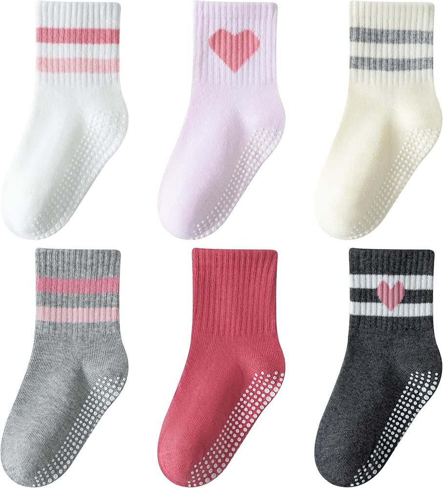 Toddler Grip Socks with Non-Slip, Unisex Baby Retro Stripe Seamless Crew Ankle Cotton Socks for G... | Amazon (US)