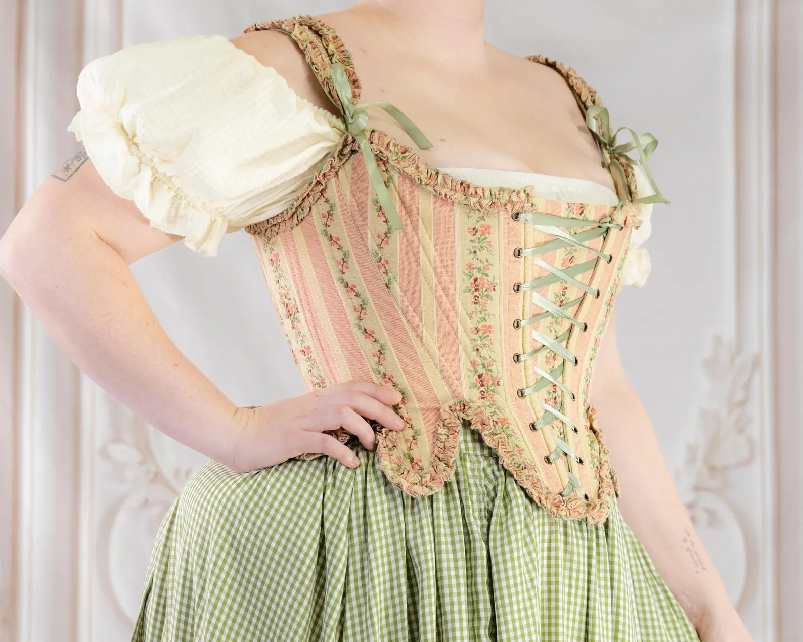 Rococo Pink 18th Century Stays: Pink and Green Floral Striped Corset Bodice - Etsy UK | Etsy (Global)