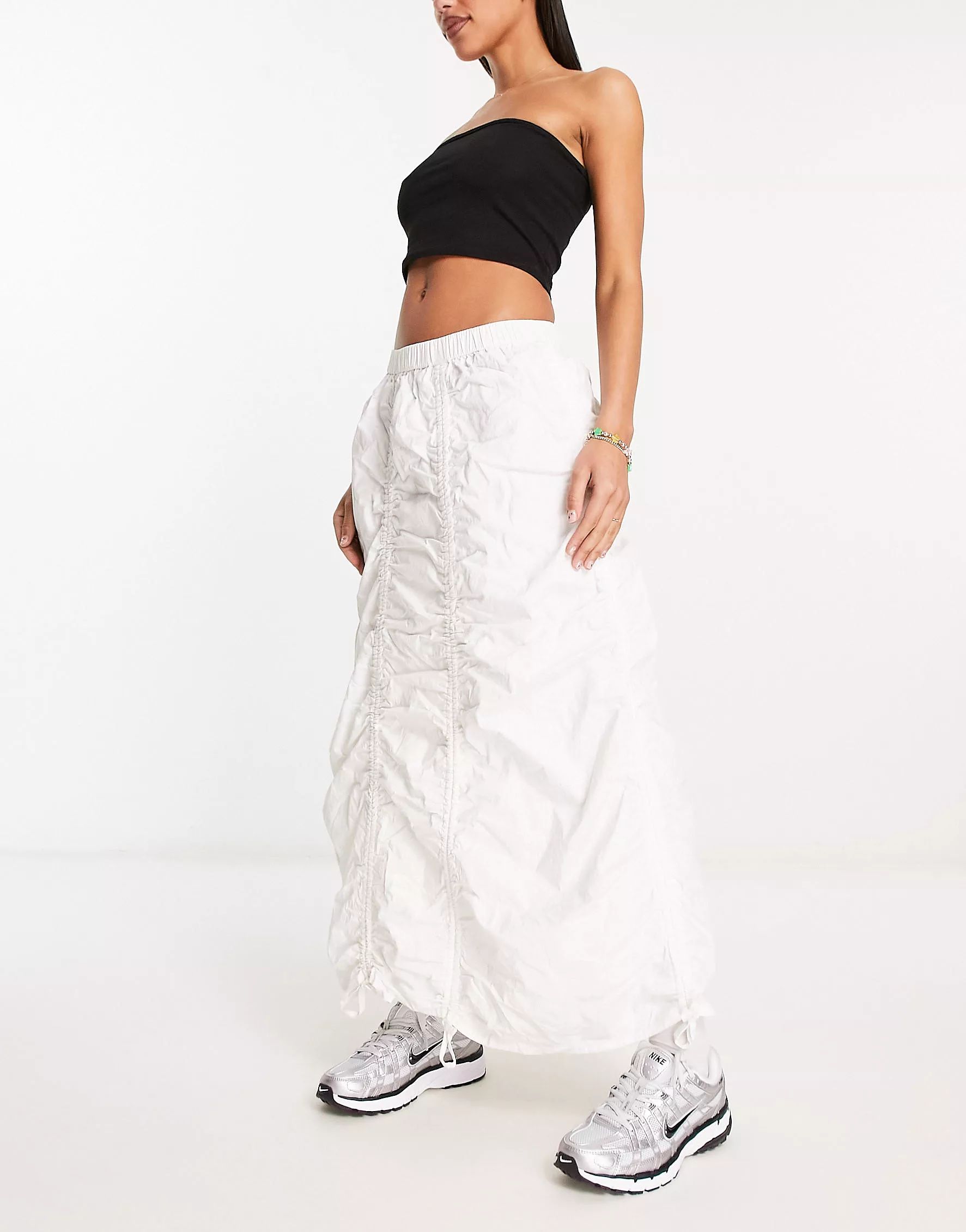 COLLUSION ruched parachute midi skirt in white | ASOS (Global)