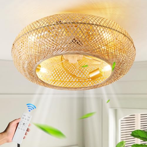 ainqiant 20" Boho Ceiling Fans with Lights,Rattan Caged Flush Mount Ceiling Fan with Light, Enclosed Timing 6 Speeds Reversible for Living Room Bedroom Dining Room | Amazon (US)