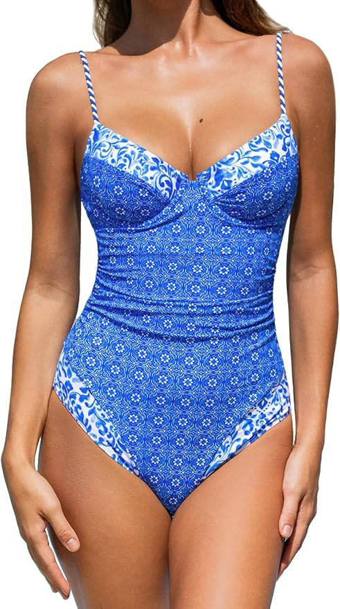 CUPSHE Women's One Piece Swimsuit V Neck Color Block Underwire Push Up Ruching Tummy Control Back... | Amazon (US)