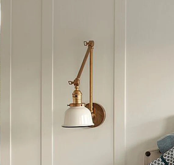Articulating Industrial Wall Lamp - Brass wall lamp with 5" White or Black Porcelain Enamel Shade | Etsy (US)