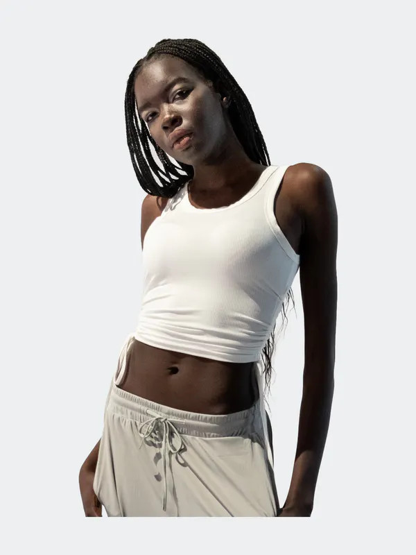 The Trend Ribbed Tank Top With Ruched Sides - White - M | Verishop