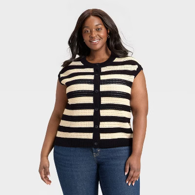 Women's Pointelle Sweater Vest - Universal Thread™ Black Striped 2X | Target